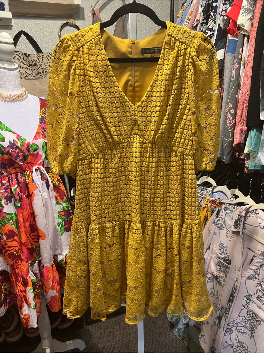 Melonie T Yellow Eyelet & Lace Midi Dress
